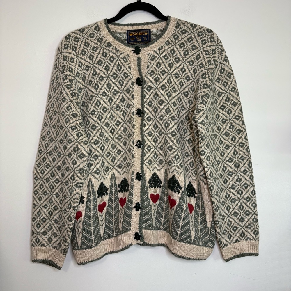 Woolrich Tree Heart Print Sweater S‎ Ramie Cotton Button Cardigan Outdoorsy